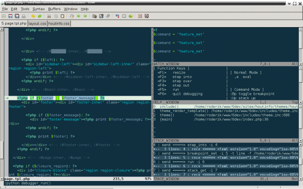 vim window with debug session halted at breakpoint